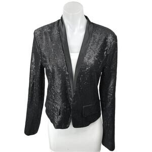 Lucy Paris Black Sequin Satin Open Front Long Sleeve Blazer Coat Jacket Size L